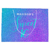 スウィート16ティール（緑がかった色）パープルグリッター パーソナライズされた ラージペーパーバッグ (裏面)