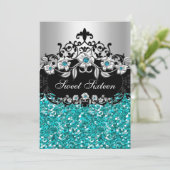 スウィート16ティール(緑がかった色)フローラグリッターパーティの招待状 招待状 (スタンド正面)