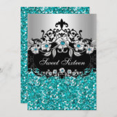 スウィート16ティール(緑がかった色)フローラグリッターパーティの招待状 招待状 (正面/裏面)