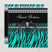 スウィート16ティール(緑がかった色)ブラックパールレースゼブラ 招待状 (正面/裏面)
