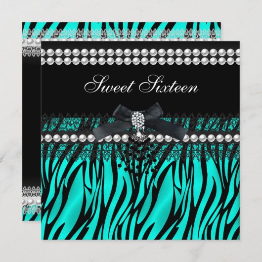 スウィート16ティール(緑がかった色)ブラックパールレースゼブラ 招待状 (正面/裏面)