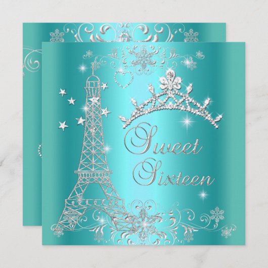 スウィート16ティール(緑がかった色)ブルーグリッターティアラエッフェルタワー 招待状 (正面/裏面)