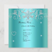 スウィート16ティール(緑がかった色)ブルーグリッターティアラエッフェルタワー 招待状 (裏面)