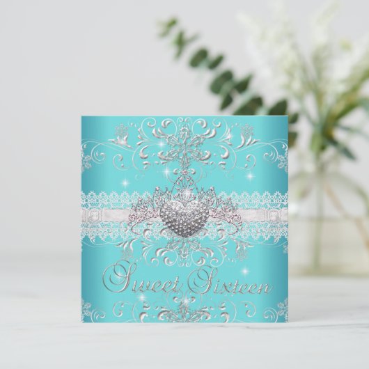 スウィート16ティール（緑がかった色）ブルーグリッターティアラレースハート 招待状 (スタンド正面)