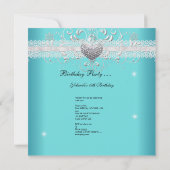 スウィート16ティール(緑がかった色)ブルーグリッターティアラレースハート 招待状 (裏面)