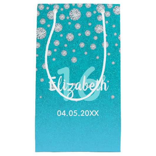 スウィート16ティール(緑がかった色)ブルーグリーングリッター名 スモールペーパーバッグ (正面)