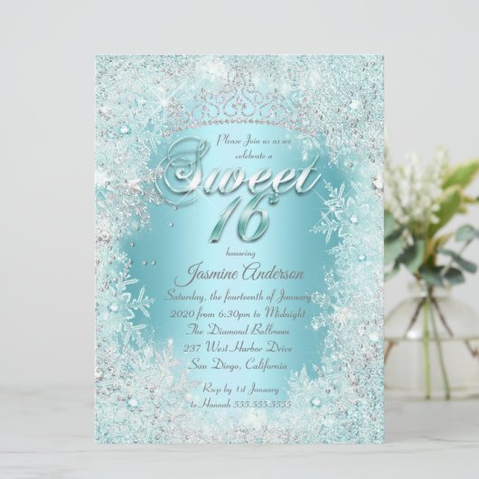 スウィート16ティール（緑がかった色）ブルーシルバーウィンターワンダーランドティアラ 招待状 (スタンド正面)