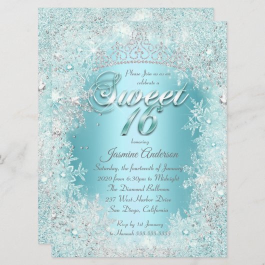 スウィート16ティール（緑がかった色）ブルーシルバーウィンターワンダーランドティアラ 招待状 (正面/裏面)