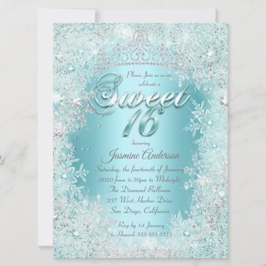 スウィート16ティール（緑がかった色）ブルーシルバーウィンターワンダーランドティアラ 招待状 (正面)