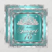 スウィート16ティール（緑がかった色）ブルーシルバーダイヤモンドティアラパーティー 招待状 (正面/裏面)