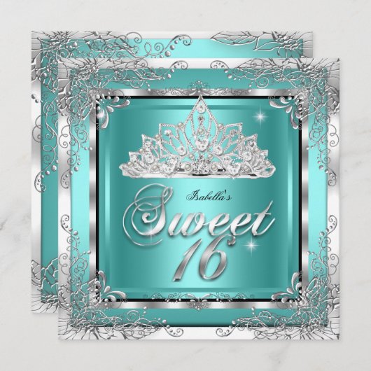 スウィート16ティール（緑がかった色）ブルーシルバーダイヤモンドティアラパーティー 招待状 (正面/裏面)