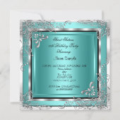 スウィート16ティール（緑がかった色）ブルーシルバーダイヤモンドティアラパーティー 招待状 (裏面)
