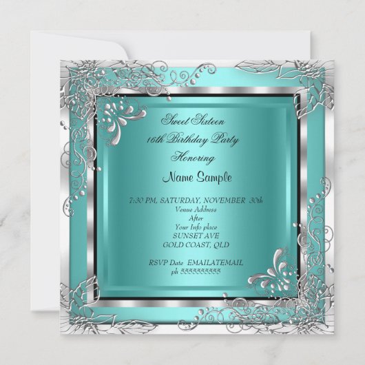 スウィート16ティール（緑がかった色）ブルーシルバーダイヤモンドティアラパーティー 招待状 (裏面)