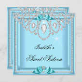 スウィート16ティール（緑がかった色）ブルーシルバーダイヤモンドパーティー5 招待状 (正面/裏面)