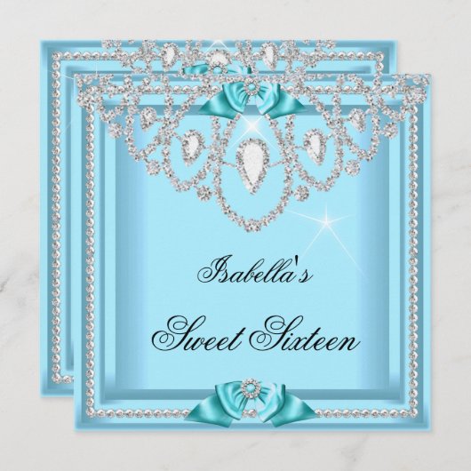 スウィート16ティール(緑がかった色)ブルーシルバーダイヤモンドパーティー5 招待状 (正面/裏面)
