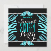 スウィート16ティール(緑がかった色)ブルーゼブラ白黒誕生日 招待状 (正面)