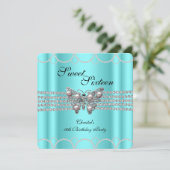 スウィート16ティール（緑がかった色）ブルーバタフライパールバースデーパーティー 招待状 (スタンド正面)