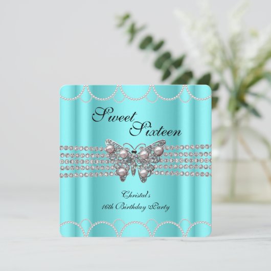 スウィート16ティール（緑がかった色）ブルーバタフライパールバースデーパーティー 招待状 (スタンド正面)
