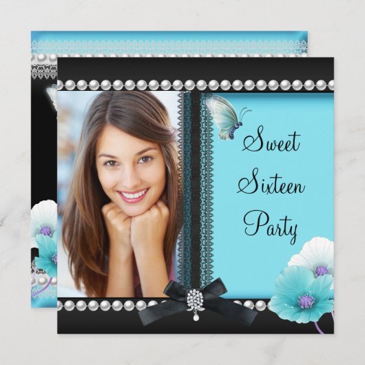 スウィート16ティール（緑がかった色）ブルーブラックバタフライ 招待状 (正面/裏面)