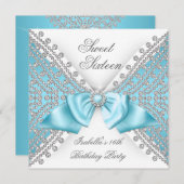 スウィート16ティール（緑がかった色）ブルーホワイトダイヤモンドパーティー2 招待状 (正面/裏面)