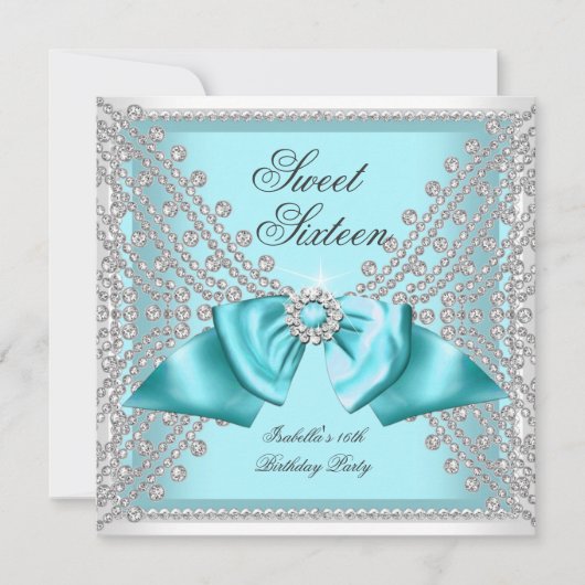 スウィート16ティール（緑がかった色）ブルーホワイトダイヤモンドパーティー3c 招待状 (正面)