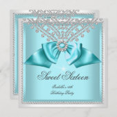 スウィート16ティール(緑がかった色)ブルーホワイトダイヤモンドパーティー3d 招待状 (正面/裏面)