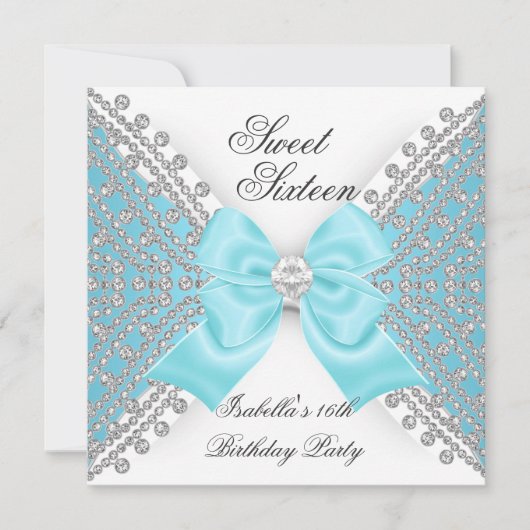スウィート16ティール（緑がかった色）ブルーホワイトダイヤモンドパーティー 招待状 (正面)