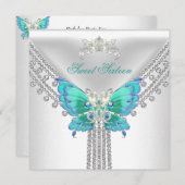 スウィート16ティール（緑がかった色）ブルーホワイトバタフライ 招待状 (正面/裏面)