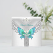 スウィート16ティール(緑がかった色)ブルーホワイトバタフライ 招待状 (スタンド正面)
