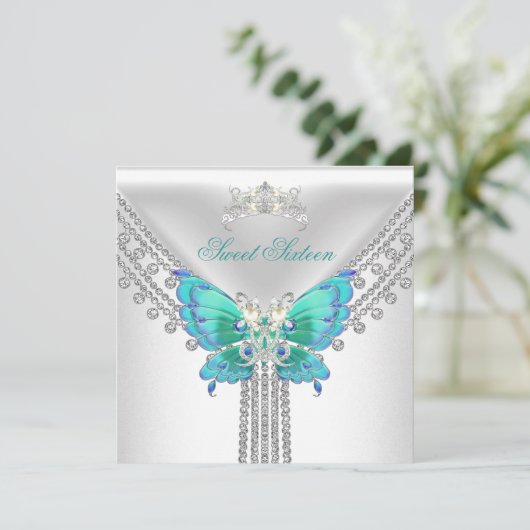 スウィート16ティール(緑がかった色)ブルーホワイトバタフライ 招待状 (スタンド正面)