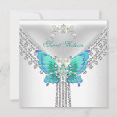 スウィート16ティール(緑がかった色)ブルーホワイトバタフライ 招待状 (正面)