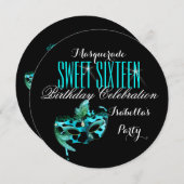 スウィート16ティール(緑がかった色)ブルーマスクマスカレードバースデーパーティー 招待状 (正面/裏面)