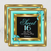 スウィート16ティール（緑がかった色）ブルー金ゴールドブラック16thバースデーパーティー 招待状 (正面/裏面)