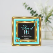 スウィート16ティール（緑がかった色）ブルー金ゴールドブラック16thバースデーパーティー 招待状 (スタンド正面)