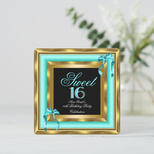 スウィート16ティール(緑がかった色)ブルー金ゴールドブラック16thバースデーパーティー 招待状 (スタンド正面)