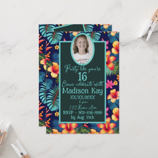 スウィート16トロピカルコラージハイビスカス深いブルー 招待状 (正面/裏面インサイチュ)