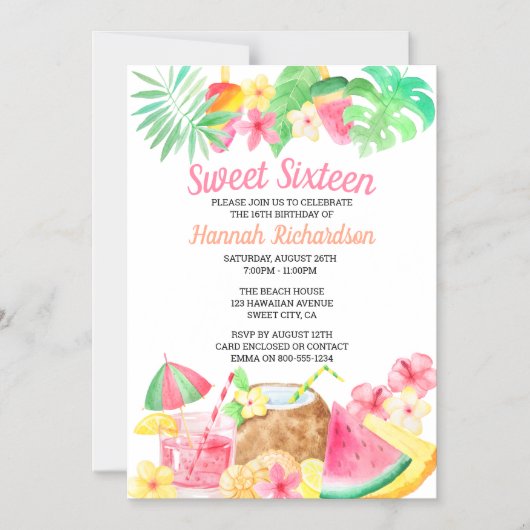 スウィート16トロピカルバースデーパーティーハワイアンテーマ マグネット招待状 (正面)