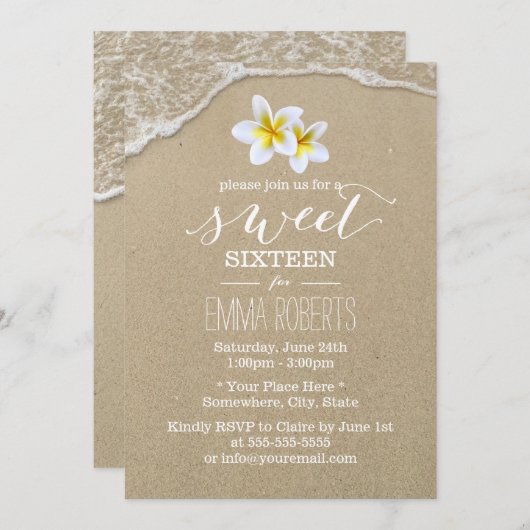 スウィート16トロピカルプルメリアビーチ エレガント 招待状 (正面/裏面)