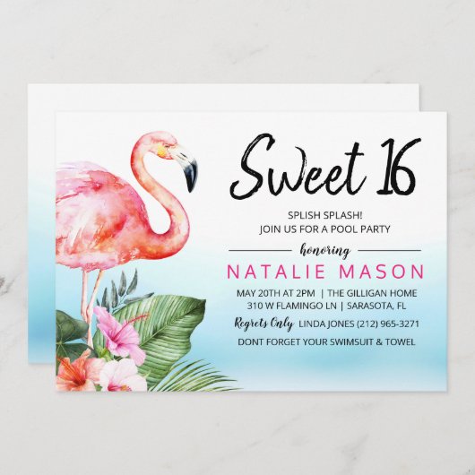 スウィート16トロピカルプールパーティー誕生日招待状 招待状 (正面/裏面)