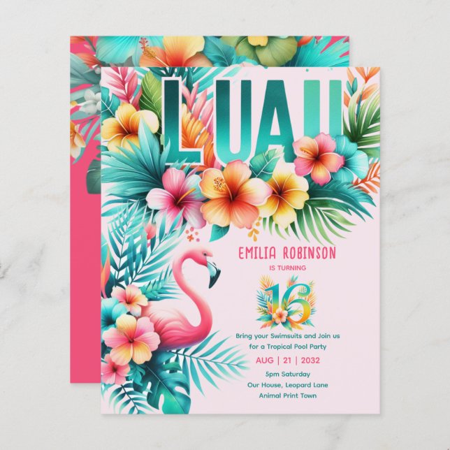 スウィート16トロピカルルアウ（ハワイ式宴会）プールパーティーガールズ誕生日 (正面/裏面)