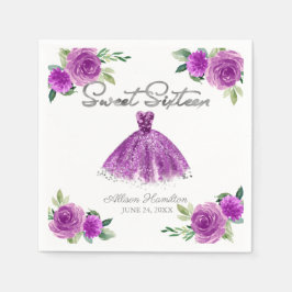 スウィート16ナプキンスシルバーパープルガウンフローラ スタンダードカクテルナプキン