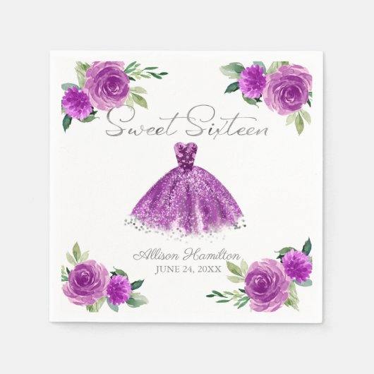 スウィート16ナプキンスシルバーパープルガウンフローラ スタンダードカクテルナプキン (正面)