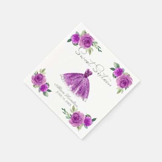 スウィート16ナプキンスシルバーパープルガウンフローラ スタンダードカクテルナプキン (角)