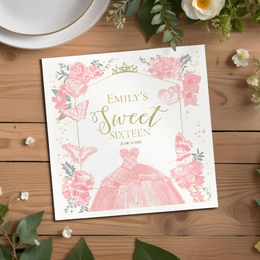 スウィート16ナプキンスバタフライピンクドレスフローラ スタンダードカクテルナプキン