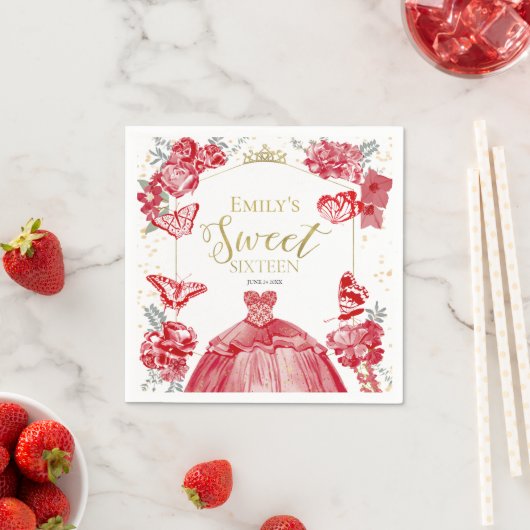 スウィート16ナプキンスバタフライレッドドレスフローラ スタンダードカクテルナプキン (インサイチュ)