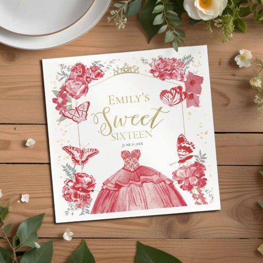 スウィート16ナプキンスバタフライレッドドレスフローラ スタンダードカクテルナプキン