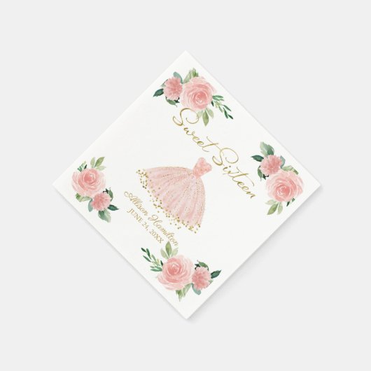 スウィート16ナプキンス赤面ガウンピンクフローラ スタンダードカクテルナプキン (角)