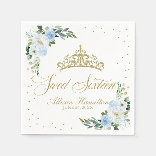 スウィート16ナプキンス金ゴールドティアラベビーブルーフローラ スタンダードカクテルナプキン (正面)