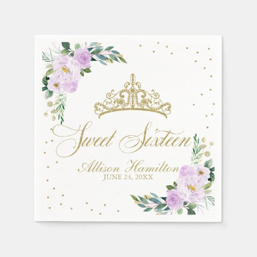 スウィート16ナプキンス金ゴールドティアララベンダーフローラ スタンダードカクテルナプキン (正面)