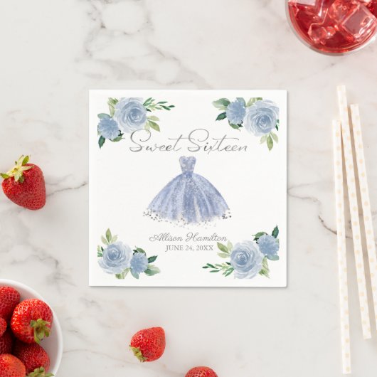 スウィート16ナプキンズシルバーダスティブルーガウンフローラ スタンダードカクテルナプキン (インサイチュ)